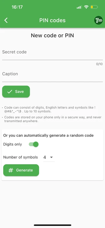 7ID: Wygeneruj PIN lub kod