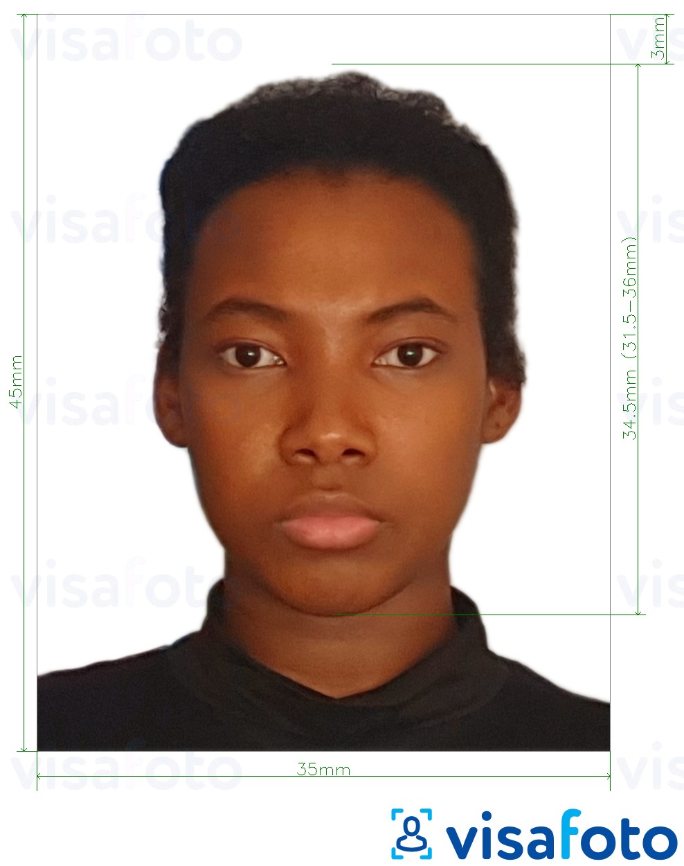 Példa a Benin útlevél 3.5x4.5 cm (35x45 mm) fényképre pontos méret meghatározással