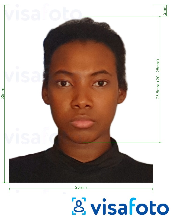 Példa a Guyana útlevél 32x26 mm (1,26x1,02 hüvelyk) fényképre pontos méret meghatározással