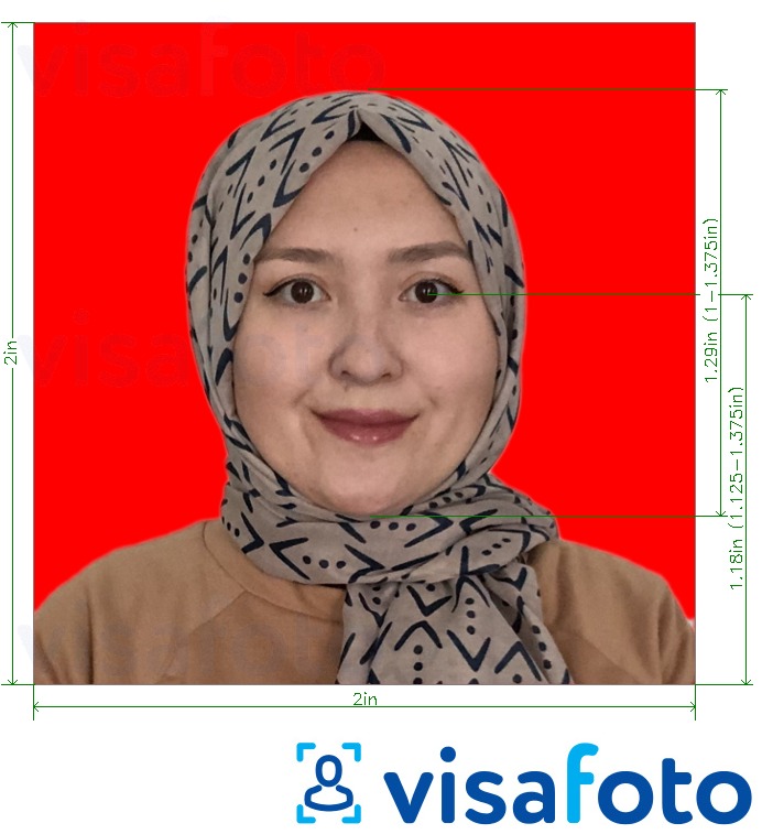 Példa a Indonézia útlevél 51x51 mm (2x2 hüvelyk) piros háttér fényképre pontos méret meghatározással