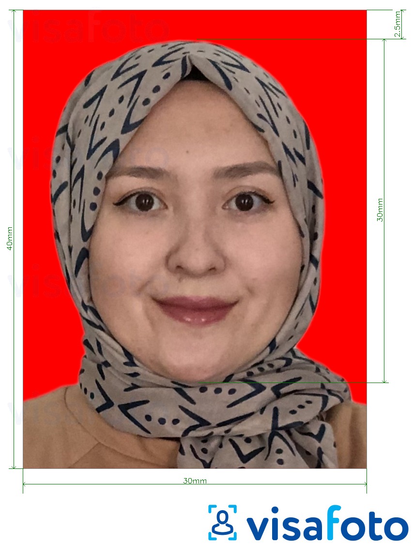 Példa a Indonézia vízum 3x4 cm (30x40 mm) online piros háttér fényképre pontos méret meghatározással