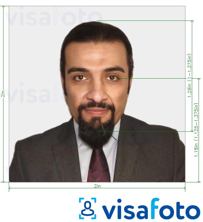 Példa a Szaúd-Arábia vízum 2x2 hüvelyk (51x51 mm) fényképre pontos méret meghatározással
