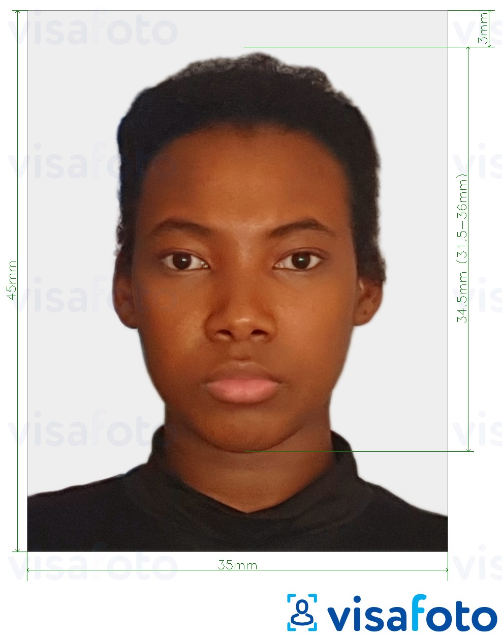 Példa a Suriname útlevél 45x35 mm (1,77x1,37 hüvelyk) fényképre pontos méret meghatározással