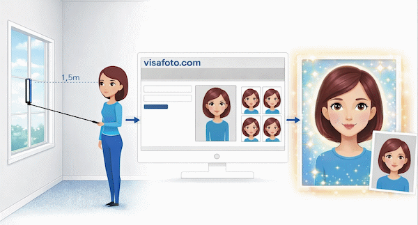 Készítsen képet egy okostelefonról vagy fényképezőgépről, töltse fel ide, és azonnal kap egy professzionális fényképet vízum, útlevél vagy személyazonosító igazolvány számára.